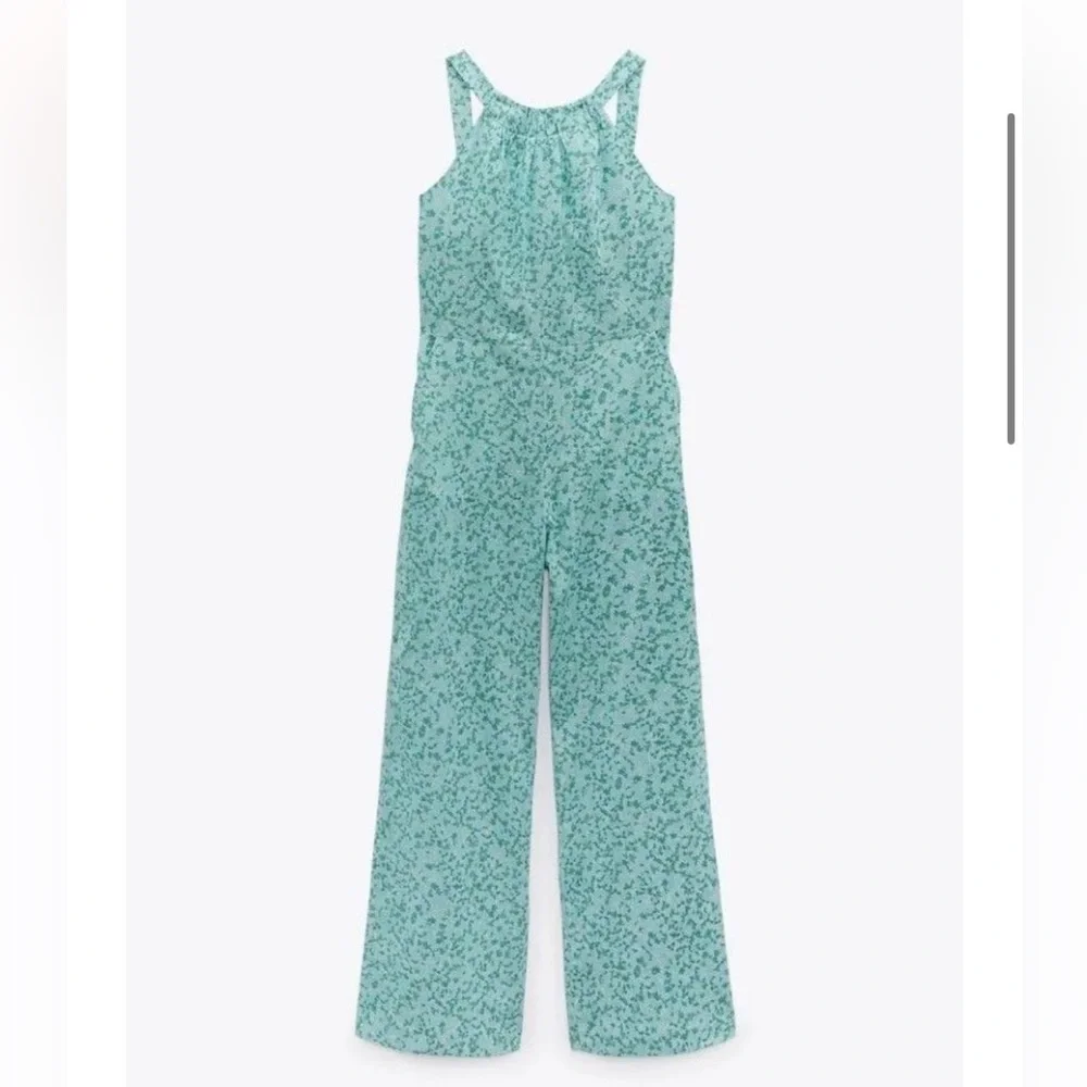 ZARA NECKHOLDER OVERALL LINEN BLEND FLORAL FLOWERS GREEN JUMPSUIT Size XS